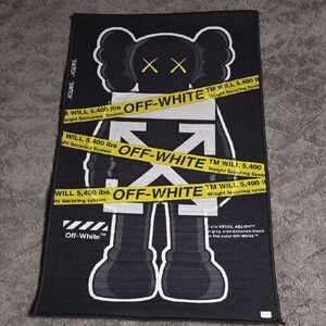 Kaws Inspired Off-White Black Rug with Yellow Tape Design